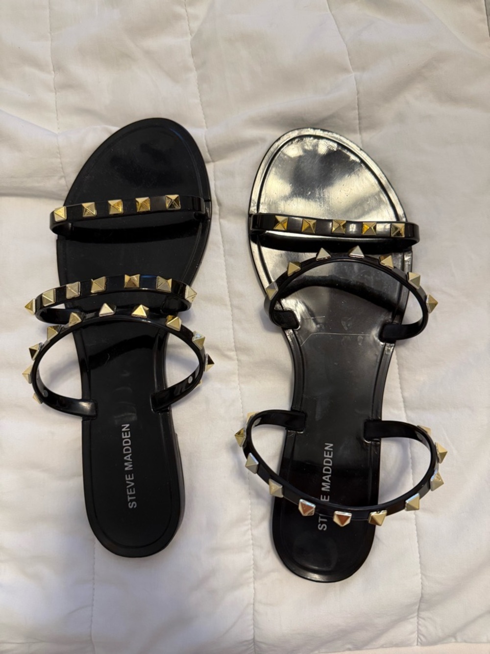 Steve Madden Black Slide Sandals with Gold Pyramid Studs